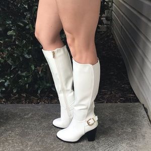 White dressy knee high boots with moderate heel